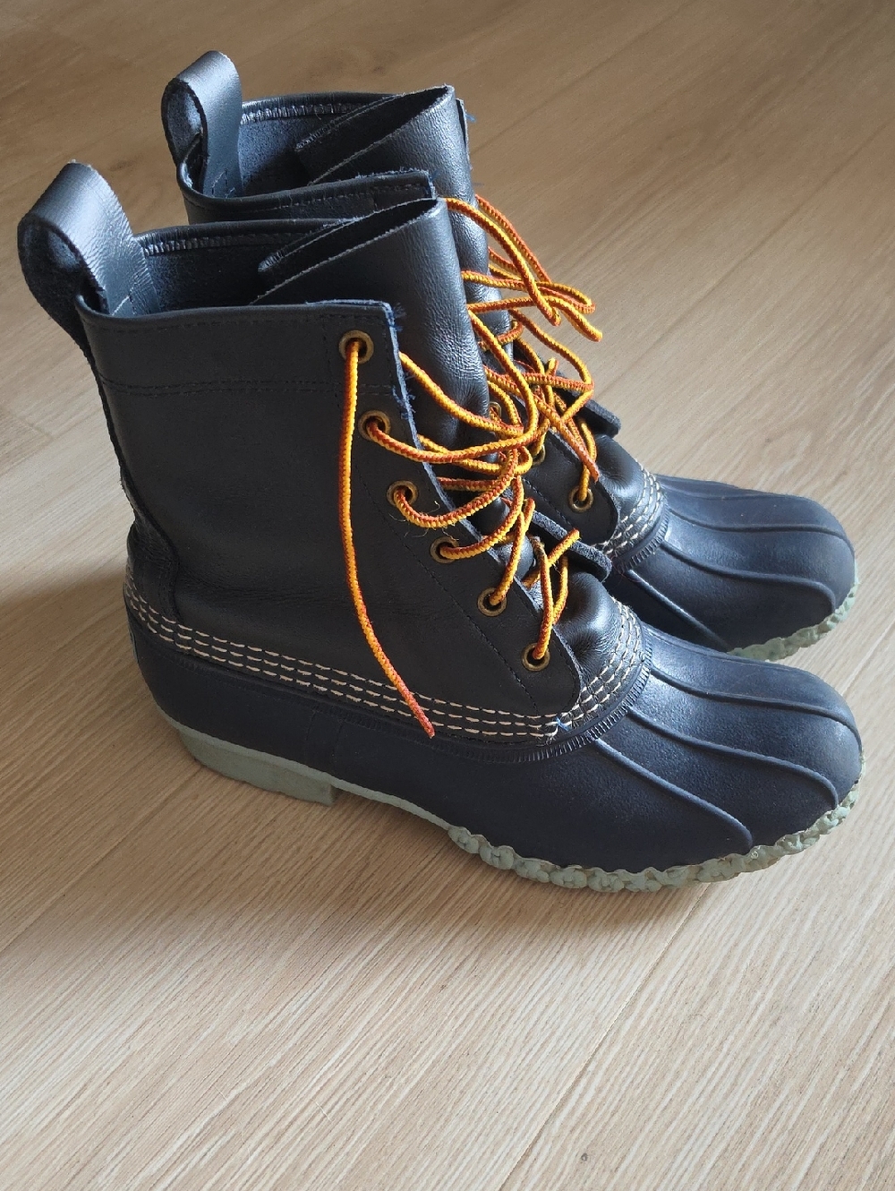 L.L. Bean Black Duck Boots with Orange Laces